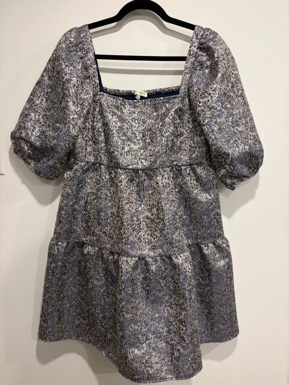 Moon River Blue Jacquard Puff Sleeve Babydoll Mini Dress Size L Cottagecore